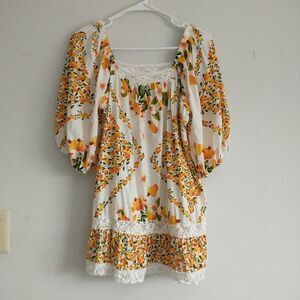 Nicole Miller Artelier Top Tunic M Yellow Floral Crochet Tiered Linen Puff Sleev